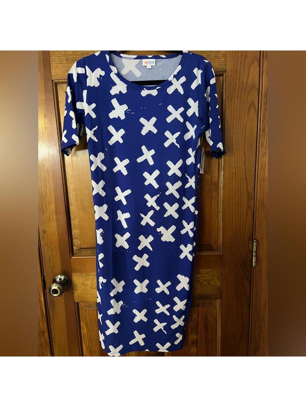 LuLaRoe Julia Dress Blue White X Pencil Sheath Midi Knee Length Small NWT